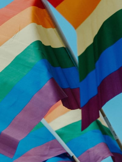 Pride flags waving in the blue sky.